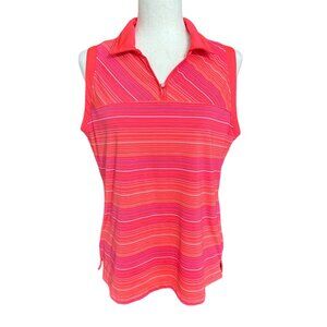 Tommy Armour Shirt Women L Pink Coral Striped Sleeveless Collared Golf Polo